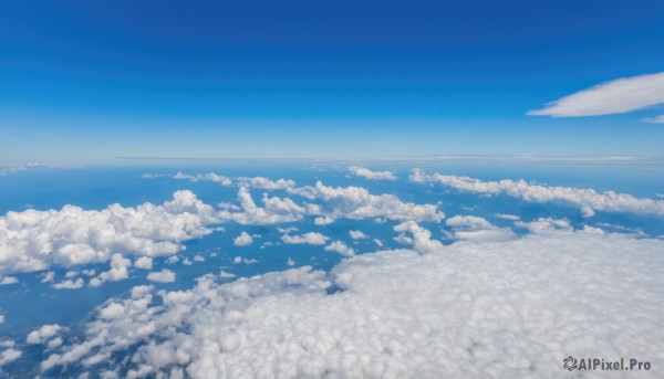 monochrome,outdoors,sky,day,cloud,water,blue sky,no humans,ocean,cloudy sky,scenery,blue theme,horizon,above clouds