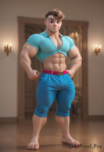 solo,looking at viewer,blush,smile,short hair,brown hair,shirt,1boy,navel,closed mouth,standing,full body,short sleeves,male focus,thighs,barefoot,midriff,collared shirt,belt,pants,indoors,muscular,buttons,thick thighs,abs,sandals,thick eyebrows,blue shirt,pectorals,denim,muscular male,bara,buckle,clenched hands,large pectorals,bulge,hands on hips,sideburns,belt buckle,blue pants,candle,partially unbuttoned,chest hair,pectoral cleavage,navel hair,aqua shirt,shorts