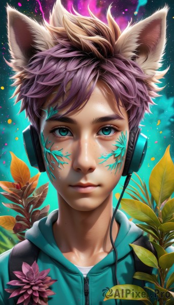 solo,looking at viewer,short hair,bangs,blue eyes,shirt,1boy,animal ears,closed mouth,green eyes,collarbone,jacket,upper body,pink hair,purple hair,flower,male focus,artist name,cat ears,hood,bag,mole,aqua eyes,lips,fox ears,eyelashes,hoodie,glowing,headphones,leaf,watermark,facial mark,backpack,hood down,plant,portrait,androgynous,pink flower,zipper,freckles,nose,aura,brown hair