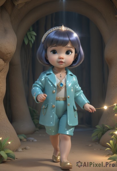 1girl,solo,looking at viewer,short hair,bangs,blue eyes,shirt,black hair,long sleeves,holding,jewelry,standing,jacket,full body,hairband,outdoors,parted lips,open clothes,shoes,shorts,belt,necklace,star (symbol),black eyes,open jacket,tree,lips,sparkle,buttons,glowing,brown footwear,tiara,blue jacket,child,nature,forest,blue shorts,rock,wand,female child,holding wand,blue hair,earrings,shadow,watermark,crown,gem,web address