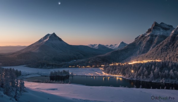 outdoors,sky,cloud,water,tree,no humans,night,moon,star (sky),nature,night sky,scenery,snow,forest,starry sky,reflection,sunset,mountain,crescent moon,winter,river,landscape,mountainous horizon,lake,gradient sky,pine tree,building,full moon,bridge