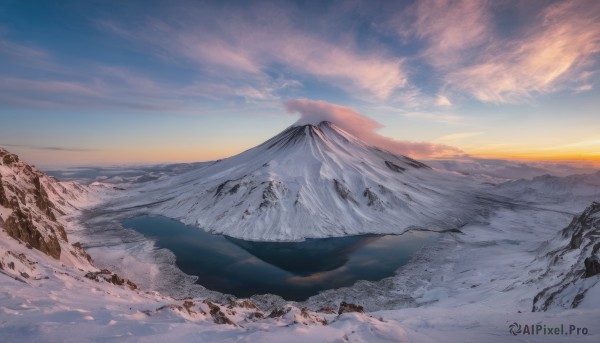 outdoors, sky, cloud, no humans, scenery, snow, sunset, mountain, landscape