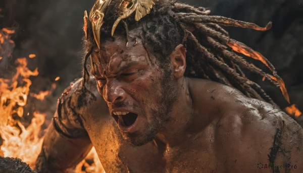 solo,long hair,open mouth,black hair,1boy,closed eyes,upper body,weapon,male focus,teeth,dark skin,facial hair,scar,dark-skinned male,helmet,fire,portrait,very dark skin,dreadlocks,hand up,blurry background,beard,topless male,realistic,laurel crown