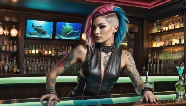 1girl,solo,long hair,breasts,short hair,blue eyes,bare shoulders,jewelry,medium breasts,closed mouth,blue hair,upper body,ponytail,pink hair,multicolored hair,earrings,small breasts,sleeveless,choker,indoors,nail polish,vest,collar,bracelet,two-tone hair,cup,lips,fingernails,looking to the side,tattoo,gradient hair,makeup,piercing,bottle,lipstick,ear piercing,spikes,alcohol,eyeshadow,drinking glass,zipper,fish,asymmetrical hair,nose,glass,eyeliner,arm tattoo,wine glass,leather,undercut,spiked bracelet,facial tattoo,spiked collar,wine bottle,mascara,bar (place),shark,mohawk,counter,cocktail glass,nose piercing,lip piercing,eyebrow piercing,bartender,cocktail,aquarium,studded bracelet,cleavage,signature,eyelashes