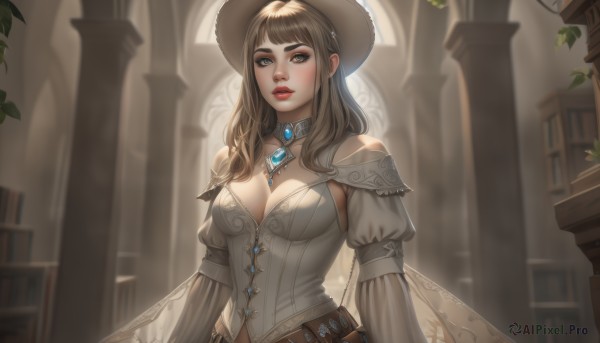 1girl,solo,long hair,breasts,looking at viewer,bangs,large breasts,brown hair,long sleeves,hat,cleavage,bare shoulders,brown eyes,jewelry,medium breasts,upper body,parted lips,detached sleeves,choker,puffy sleeves,belt,indoors,blurry,lips,grey eyes,book,makeup,blurry background,plant,lipstick,juliet sleeves,brooch,gem,corset,arms at sides,brown headwear,bookshelf,red lips,blue eyes,outdoors,day,sunlight,building,sun hat,realistic,nose