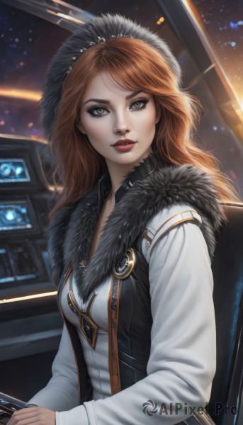 1girl,solo,long hair,breasts,looking at viewer,brown hair,long sleeves,brown eyes,sitting,upper body,parted lips,orange hair,lips,fur trim,makeup,realistic,nose,red lips,holding,jewelry,yellow eyes,red hair,hood,necklace,vest,eyelashes,lipstick,instrument