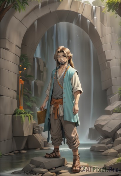 solo,long hair,looking at viewer,brown hair,1boy,holding,brown eyes,standing,full body,male focus,outdoors,pants,water,tree,book,sash,facial hair,brown footwear,sandals,plant,beard,holding book,robe,rock,mustache,pillar,waterfall,tunic,moss,smile,jewelry,one eye closed