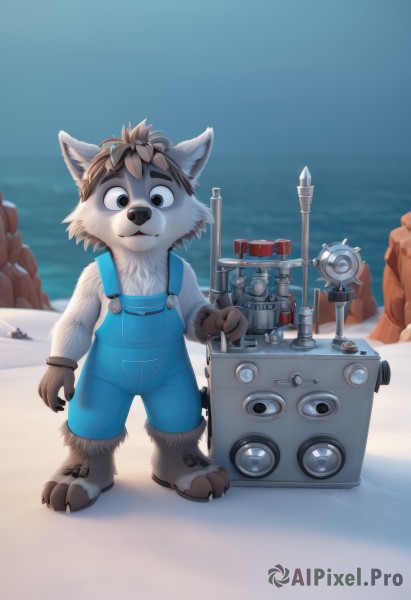 solo,looking at viewer,smile,short hair,brown hair,shirt,gloves,1boy,animal ears,closed mouth,standing,tail,full body,white shirt,grey hair,male focus,outdoors,sky,day,artist name,signature,blurry,black eyes,blue sky,blurry background,ocean,watermark,beach,wolf ears,thick eyebrows,goggles,claws,furry,animal hands,sand,overalls,furry male,body fur,white fur,straight-on,animal nose,two-tone fur,animal feet,grey fur,blue overalls,blue eyes,holding,weapon,parted lips,shoes,solo focus,striped,hood,water,:3,happy,sunglasses,suspenders,web address,eyewear on head,1other,goggles on head,striped shirt,patreon username,horizon,multiple others,jumpsuit,brown fur,speaker,wolf boy