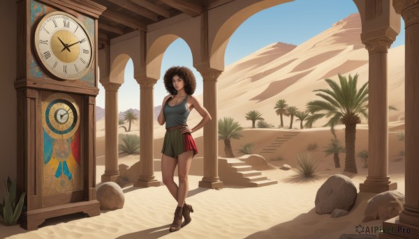 1girl,solo,long hair,breasts,looking at viewer,skirt,large breasts,brown hair,shirt,cleavage,bare shoulders,brown eyes,medium breasts,standing,collarbone,full body,outdoors,sky,shorts,sleeveless,day,tree,blue sky,hand on hip,shadow,sandals,tank top,messy hair,sand,palm tree,clock,pillar,statue,desert,cactus,short hair,black hair,hat,boots,high heels,scenery,rock,mountain,straw hat,shade,tower