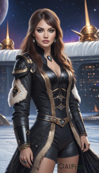 1girl,solo,long hair,breasts,looking at viewer,brown hair,cleavage,brown eyes,jewelry,medium breasts,standing,cowboy shot,earrings,outdoors,sky,shorts,belt,necklace,armor,lips,coat,fur trim,short shorts,makeup,night,black shorts,moon,ring,shoulder armor,building,gem,star (sky),night sky,snow,full moon,starry sky,pauldrons,realistic,nose,1boy,solo focus,lipstick,pendant,back-to-back,space