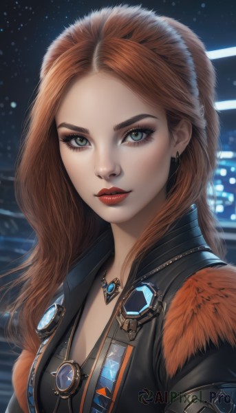 1girl,solo,long hair,breasts,looking at viewer,blue eyes,brown hair,cleavage,jewelry,green eyes,upper body,earrings,necklace,orange hair,lips,eyelashes,makeup,night,feathers,lipstick,gem,night sky,forehead,pendant,eyeshadow,freckles,red lips,medium breasts,closed mouth,jacket,red hair,artist name,black jacket,realistic,nose