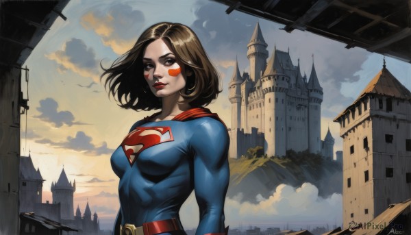 1girl,solo,breasts,looking at viewer,short hair,brown hair,brown eyes,medium breasts,upper body,outdoors,parted lips,sky,belt,artist name,cloud,signature,medium hair,cape,lips,bodysuit,makeup,muscular,bird,facial mark,cloudy sky,building,red lips,facepaint,superhero,castle,blue bodysuit,black hair,closed mouth,day,blue sky,lipstick,skin tight