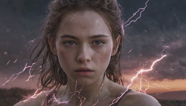 1girl,solo,long hair,looking at viewer,brown hair,brown eyes,outdoors,parted lips,sky,cloud,medium hair,mole,blurry,lips,cloudy sky,messy hair,portrait,freckles,realistic,nose,electricity,lightning,mole on cheek,blurry background,expressionless,close-up,forehead,injury,straight-on,dirty,dirty face,sparks