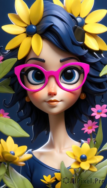 1girl,solo,looking at viewer,blush,smile,short hair,blue eyes,shirt,black hair,hair ornament,jewelry,closed mouth,blue hair,collarbone,upper body,flower,earrings,glasses,hair flower,lips,eyelashes,makeup,leaf,blue shirt,lipstick,portrait,freckles,yellow flower,sunflower,pink-framed eyewear,blue background,monster girl,red-framed eyewear