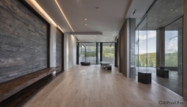 sky,day,cloud,indoors,tree,blue sky,no humans,window,chair,table,sunlight,plant,scenery,wooden floor,door,floor,ceiling,hallway,ceiling light,curtains,tiles,tile floor,trash can