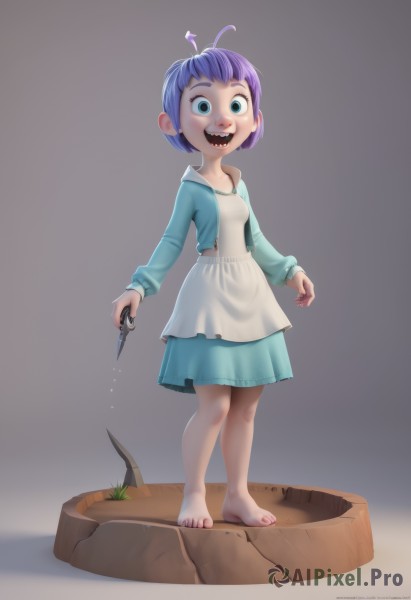 1girl,solo,looking at viewer,smile,short hair,open mouth,blue eyes,simple background,long sleeves,dress,holding,standing,full body,purple hair,:d,barefoot,teeth,artist name,grey background,apron,feet,blood,toes,antenna hair,knife,sharp teeth,child,toenails,antennae,female child,holding knife,scissors,crazy eyes,faux figurine,blue hair,nail polish