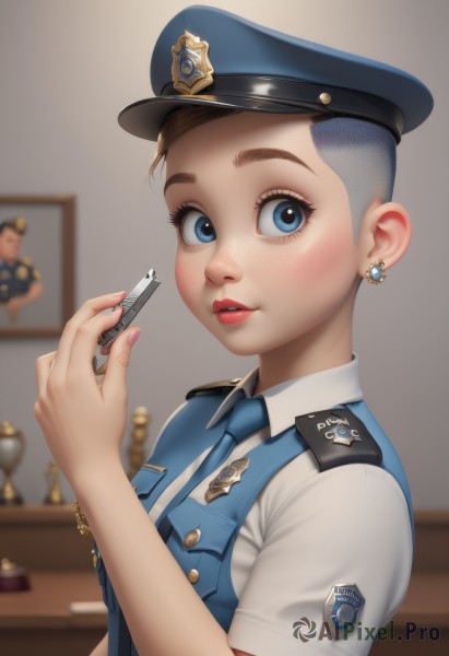 1girl,solo,breasts,looking at viewer,short hair,blue eyes,brown hair,shirt,hat,holding,jewelry,white shirt,upper body,short sleeves,grey hair,earrings,parted lips,necktie,collared shirt,indoors,nail polish,blurry,uniform,vest,from side,two-tone hair,lips,fingernails,eyelashes,blurry background,pink nails,blue headwear,freckles,blue necktie,blue vest,very short hair,badge,police,police uniform,policewoman,police hat,blush,makeup,thick eyebrows,lipstick,undercut