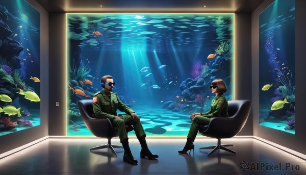 1girl,smile,short hair,brown hair,black hair,long sleeves,1boy,sitting,jacket,boots,pants,indoors,dark skin,2boys,black footwear,uniform,military,military uniform,facial hair,chair,sunlight,sunglasses,helmet,goggles,beard,fish,light rays,green jacket,underwater,mustache,bald,aquarium,high heels,jumpsuit,diving mask,pilot