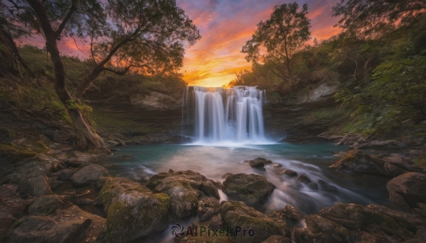 outdoors, sky, cloud, water, tree, no humans, nature, scenery, forest, sunset, rock, river, waterfall