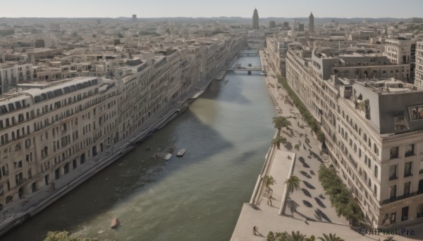 outdoors,sky,day,water,tree,no humans,bird,ocean,plant,building,scenery,city,cityscape,watercraft,ruins,river,skyscraper,boat,overgrown,real world location