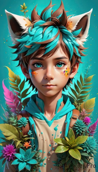 solo,looking at viewer,short hair,blue eyes,simple background,brown hair,1boy,animal ears,closed mouth,blue hair,upper body,flower,male focus,multicolored hair,artist name,cat ears,hood,two-tone hair,aqua eyes,lips,fox ears,eyelashes,aqua hair,hoodie,leaf,watermark,blue background,facial mark,hood down,plant,extra ears,pink flower,freckles,nose,purple flower,aqua background,paint splatter,paint splatter on face,bangs,sleeveless,star (symbol),streaked hair,gradient,gradient background,messy hair,web address,drawstring,facepaint