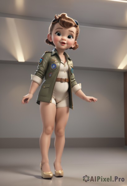 1girl,solo,breasts,looking at viewer,smile,short hair,blue eyes,brown hair,dress,standing,jacket,full body,parted lips,open clothes,shoes,shorts,teeth,belt,indoors,hair bun,uniform,black eyes,high heels,open jacket,lips,military,military uniform,aged down,goggles,child,red nails,sleeves rolled up,freckles,pocket,goggles on head,green jacket,emblem,red lips,female child,brown belt,badge,jumpsuit,open mouth,brown eyes,small breasts,eyewear on head,medal,bomber jacket