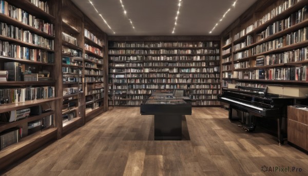 indoors,book,no humans,chair,table,sunlight,instrument,scenery,wooden floor,bookshelf,shelf,book stack,library,ceiling,piano,ladder,ceiling light,reflective floor,light,grand piano