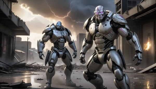 HQ,standing,purple eyes,weapon,outdoors,multiple boys,sky,cloud,2boys,armor,military,no humans,glowing,cloudy sky,fire,robot,building,mecha,glowing eyes,science fiction,rain,city,realistic,military vehicle,electricity,ruins,damaged,lightning,open hands,power armor,sparks,looking at viewer,signature,water,battle,power lines