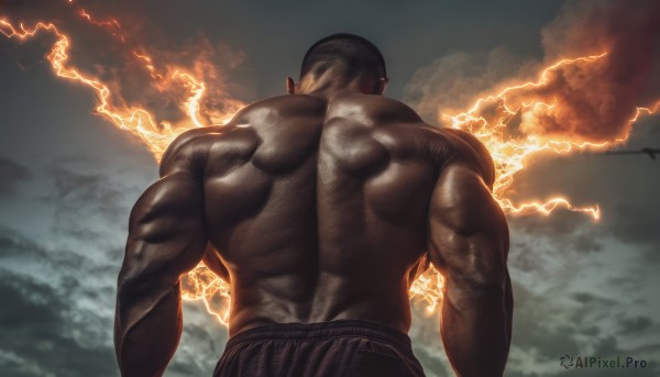 solo,short hair,black hair,1boy,upper body,male focus,outdoors,sky,pants,cloud,dark skin,from behind,muscular,back,dark-skinned male,cloudy sky,fire,muscular male,bara,veins,topless male,realistic,facing away,bald,manly,lightning,back focus,electricity