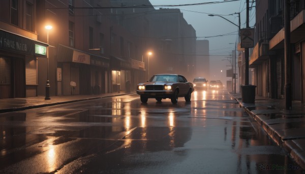 outdoors,sky,water,no humans,window,night,ground vehicle,building,scenery,motor vehicle,reflection,rain,city,sign,car,road,bridge,power lines,lamppost,street,utility pole,road sign,puddle,traffic light,reflective water,cloud,vehicle focus,evening,real world location,vanishing point