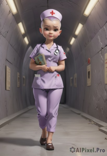 1girl,solo,breasts,looking at viewer,short hair,hat,holding,brown eyes,jewelry,standing,full body,short sleeves,earrings,small breasts,shoes,indoors,pocket,nurse cap,nurse,clipboard,hallway,stethoscope,smile,black eyes,aged down,child,realistic