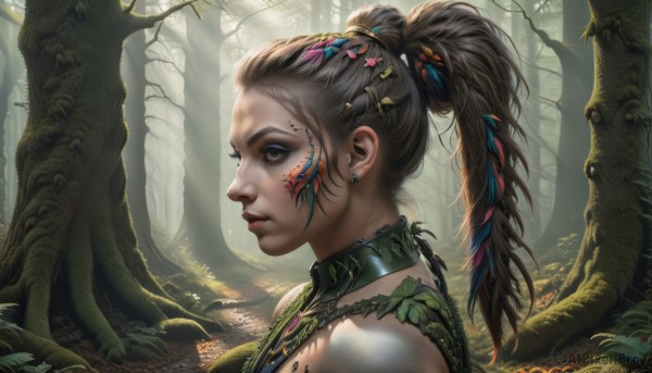 1girl,solo,long hair,brown hair,hair ornament,bare shoulders,brown eyes,jewelry,upper body,ponytail,earrings,outdoors,parted lips,from side,tree,lips,grey eyes,eyelashes,profile,makeup,leaf,facial mark,high ponytail,plant,portrait,nature,eyeshadow,forest,realistic,nose,facepaint,hair pulled back,mascara,tribal,blue eyes,braid,necklace,piercing,sunlight,feathers,eyeliner,feather hair ornament