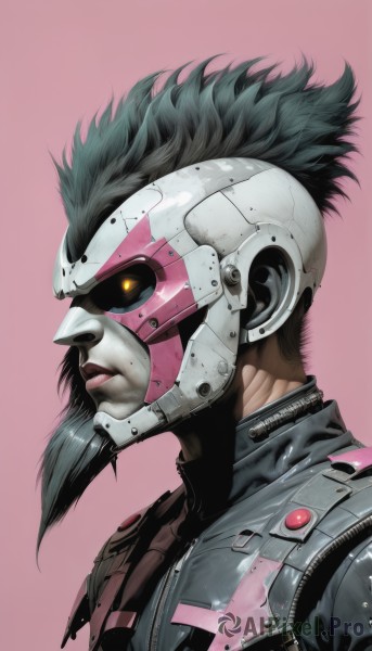 1girl,solo,simple background,black hair,1boy,jacket,yellow eyes,upper body,male focus,artist name,dark skin,armor,from side,lips,profile,mask,glowing,watermark,pink background,portrait,glowing eyes,web address,science fiction,realistic,nose,cyborg,cyberpunk,facial hair,helmet,zipper,leather,leather jacket,mohawk