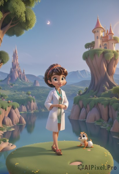 1girl,solo,smile,short hair,brown hair,standing,hairband,outdoors,sky,day,dark skin,water,black eyes,tree,bird,moon,sandals,grass,child,scenery,mountain,labcoat,crescent moon,river,castle,tower,waterfall,duck,black hair,jewelry,full body,nature,lake