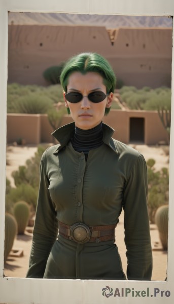 1girl,solo,breasts,looking at viewer,short hair,long sleeves,medium breasts,closed mouth,standing,jacket,upper body,earrings,outdoors,green hair,belt,artist name,signature,blurry,lips,blurry background,turtleneck,sunglasses,realistic,nose,photo (object),shirt,facing viewer,backlighting