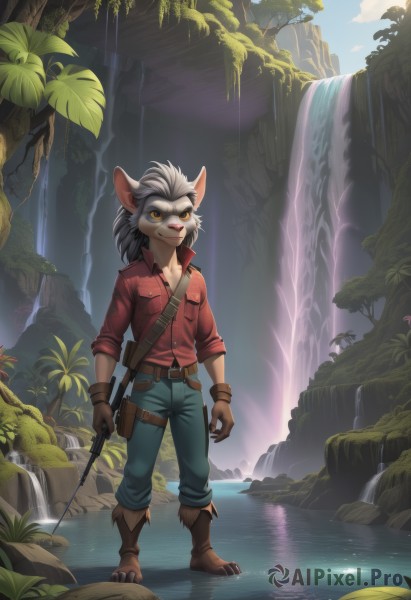 solo,looking at viewer,smile,shirt,gloves,1boy,holding,animal ears,closed mouth,standing,collarbone,full body,yellow eyes,weapon,grey hair,male focus,boots,outdoors,sky,day,collared shirt,belt,pants,artist name,cloud,signature,water,tree,watermark,brown footwear,plant,red shirt,nature,claws,furry,brown gloves,sleeves rolled up,colored sclera,pocket,pouch,furry female,blue pants,breast pocket,furry male,body fur,river,yellow sclera,waterfall,snout,fishing rod,moss,cat ears,bag,orange eyes,leaf,knife,web address,whiskers