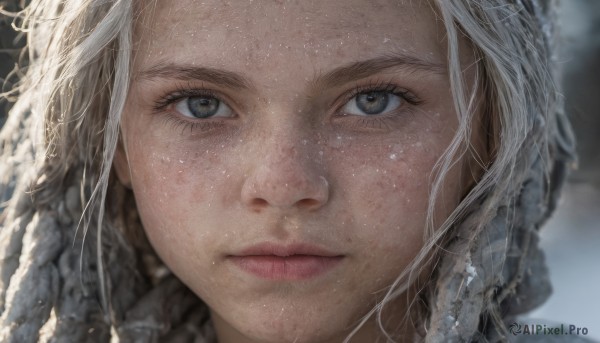 1girl,solo,long hair,looking at viewer,closed mouth,braid,white hair,blurry,lips,wet,grey eyes,eyelashes,depth of field,blurry background,portrait,close-up,freckles,realistic,nose