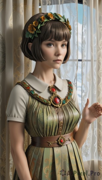 1girl,solo,breasts,looking at viewer,short hair,bangs,brown hair,shirt,black hair,hair ornament,dress,brown eyes,jewelry,medium breasts,standing,upper body,flower,short sleeves,sky,day,belt,cloud,indoors,hand up,hair flower,blunt bangs,necklace,blue sky,puffy short sleeves,lips,window,bob cut,curtains,brooch,gem,arm at side,green dress,realistic,nose,head wreath,green gemstone,closed mouth,hairband,floral print