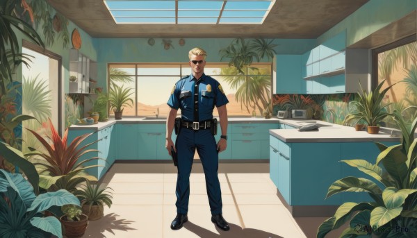 solo,looking at viewer,short hair,blonde hair,shirt,1boy,holding,standing,full body,weapon,short sleeves,male focus,necktie,shoes,collared shirt,belt,pants,indoors,black footwear,holding weapon,uniform,gun,window,muscular,shadow,facial hair,sunglasses,blue shirt,knife,plant,holding gun,black necktie,handgun,watch,black belt,blue pants,wristwatch,potted plant,wide shot,police,police uniform,kitchen,counter,radio,walkie-talkie,closed mouth,pocket,tiles,undercut,sink,cabinet,polo shirt