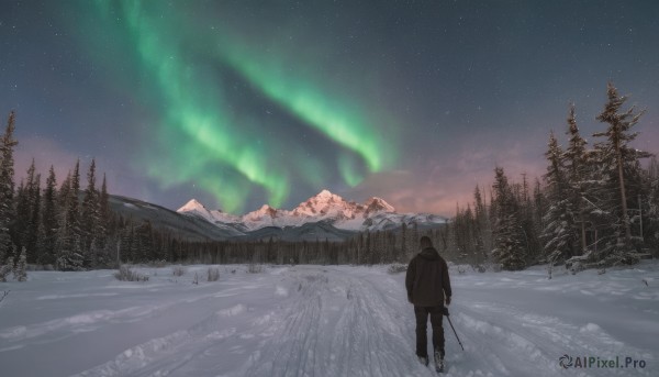 solo,1boy,holding,standing,jacket,weapon,male focus,outdoors,sky,pants,signature,hood,from behind,holding weapon,tree,night,star (sky),nature,night sky,scenery,snow,forest,starry sky,mountain,winter,footprints,pine tree,aurora,snowing,landscape,milky way