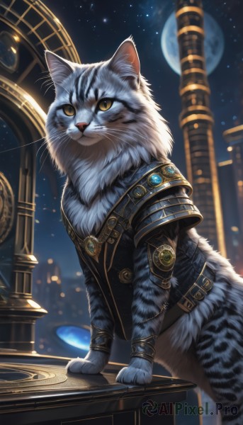 solo,jewelry,closed mouth,yellow eyes,outdoors,sky,belt,artist name,signature,armor,blurry,no humans,night,animal,moon,cat,looking up,shoulder armor,building,gem,star (sky),night sky,full moon,starry sky,pauldrons,animal focus,whiskers,looking at viewer,blurry background,realistic,tiger