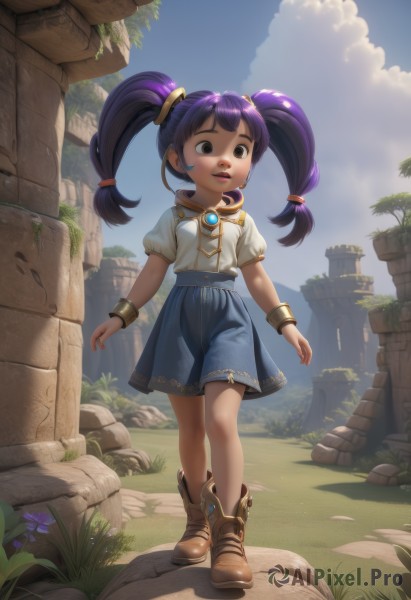 1girl,solo,long hair,bangs,skirt,shirt,twintails,brown eyes,jewelry,standing,full body,white shirt,purple hair,flower,short sleeves,earrings,boots,outdoors,parted lips,sky,shorts,teeth,day,puffy sleeves,artist name,cloud,dark skin,black eyes,bracelet,dark-skinned female,tree,blue sky,puffy short sleeves,lips,blue skirt,watermark,looking away,brown footwear,cloudy sky,grass,child,walking,blue shorts,rock,hair tie,arms at sides,female child,ankle boots,ruins,path,open mouth,hair ornament,necklace