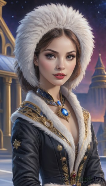 1girl,solo,breasts,looking at viewer,smile,blue eyes,brown hair,cleavage,jewelry,upper body,earrings,small breasts,outdoors,parted lips,sky,choker,artist name,hood,necklace,blurry,lips,coat,grey eyes,fur trim,eyelashes,makeup,night,blurry background,lipstick,gem,star (sky),night sky,pendant,starry sky,freckles,nose,winter clothes,red lips,fur hat,long hair,long sleeves,brown eyes,jacket,hood up,realistic,mascara