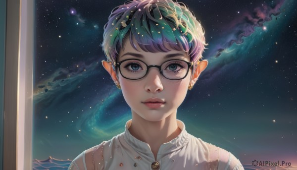 1girl,solo,looking at viewer,short hair,bangs,blue eyes,shirt,jewelry,closed mouth,blue hair,white shirt,upper body,purple hair,multicolored hair,earrings,green hair,sky,glasses,collared shirt,artist name,cloud,star (symbol),mole,two-tone hair,lips,eyelashes,gradient hair,night,piercing,ear piercing,portrait,star (sky),night sky,starry sky,freckles,reflection,black-framed eyewear,realistic,nose,space,pointy ears,water,window,buttons,pink lips,shooting star