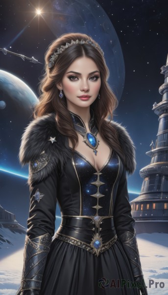 1girl,solo,long hair,breasts,looking at viewer,smile,brown hair,gloves,long sleeves,dress,cleavage,brown eyes,jewelry,medium breasts,closed mouth,standing,cowboy shot,earrings,sky,black gloves,artist name,signature,necklace,star (symbol),armor,black dress,lips,fur trim,makeup,watermark,wavy hair,moon,tiara,crown,brooch,gauntlets,gem,star (sky),web address,starry sky,fur collar,realistic,nose,arms at sides,red lips,space,planet,earth (planet),spacecraft