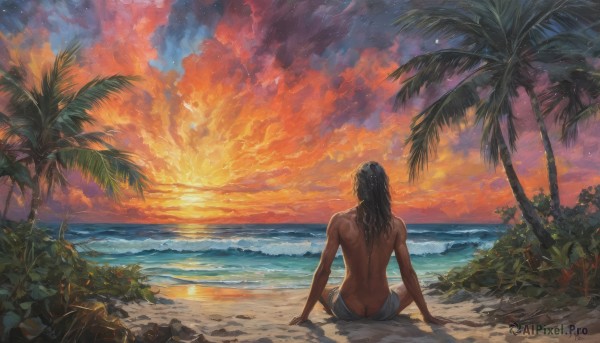 1girl,solo,long hair,black hair,1boy,sitting,ass,male focus,outdoors,sky,cloud,signature,dark skin,water,from behind,tree,ocean,back,beach,topless,dark-skinned male,cloudy sky,plant,scenery,topless male,sunset,butt crack,rock,sand,palm tree,sun,horizon,facing away,bare back,on ground,evening,shore,orange sky,bare shoulders,barefoot,artist name,arm support,sunlight,bush,waves,median furrow