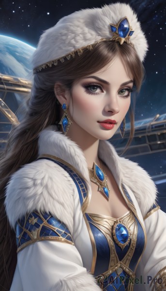 1girl,solo,long hair,breasts,looking at viewer,brown hair,hat,dress,cleavage,brown eyes,jewelry,medium breasts,closed mouth,green eyes,upper body,braid,earrings,sky,necklace,lips,coat,parted bangs,grey eyes,fur trim,eyelashes,makeup,night,blue dress,white headwear,lipstick,brooch,gem,star (sky),night sky,snow,eyeshadow,starry sky,gold trim,realistic,nose,winter clothes,red lips,eyeliner,space,planet,fur hat,earth (planet),blue gemstone,red gemstone,ushanka,bangs