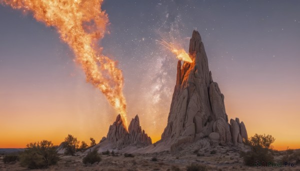 outdoors,sky,cloud,tree,no humans,night,grass,fire,star (sky),nature,night sky,scenery,starry sky,sunset,rock,mountain,gradient sky,orange sky,horizon