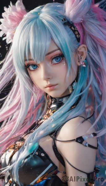 1girl,solo,long hair,breasts,looking at viewer,bangs,blue eyes,hair ornament,bare shoulders,jewelry,medium breasts,closed mouth,blue hair,upper body,pink hair,flower,multicolored hair,earrings,hair flower,from side,two-tone hair,lips,eyelashes,aqua hair,makeup,piercing,feathers,black background,ear piercing,eyeshadow,realistic,nose,mascara,hairband,artist name,mole,two side up,mole under eye,gradient hair,expressionless,pink flower,pink lips