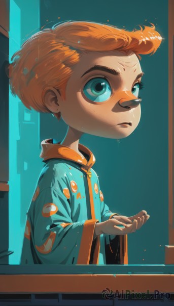 1girl,solo,short hair,blue eyes,long sleeves,1boy,closed mouth,upper body,male focus,indoors,wide sleeves,orange hair,aqua eyes,child,freckles,pajamas,nose,female child,male child,own hands together,desk,robe